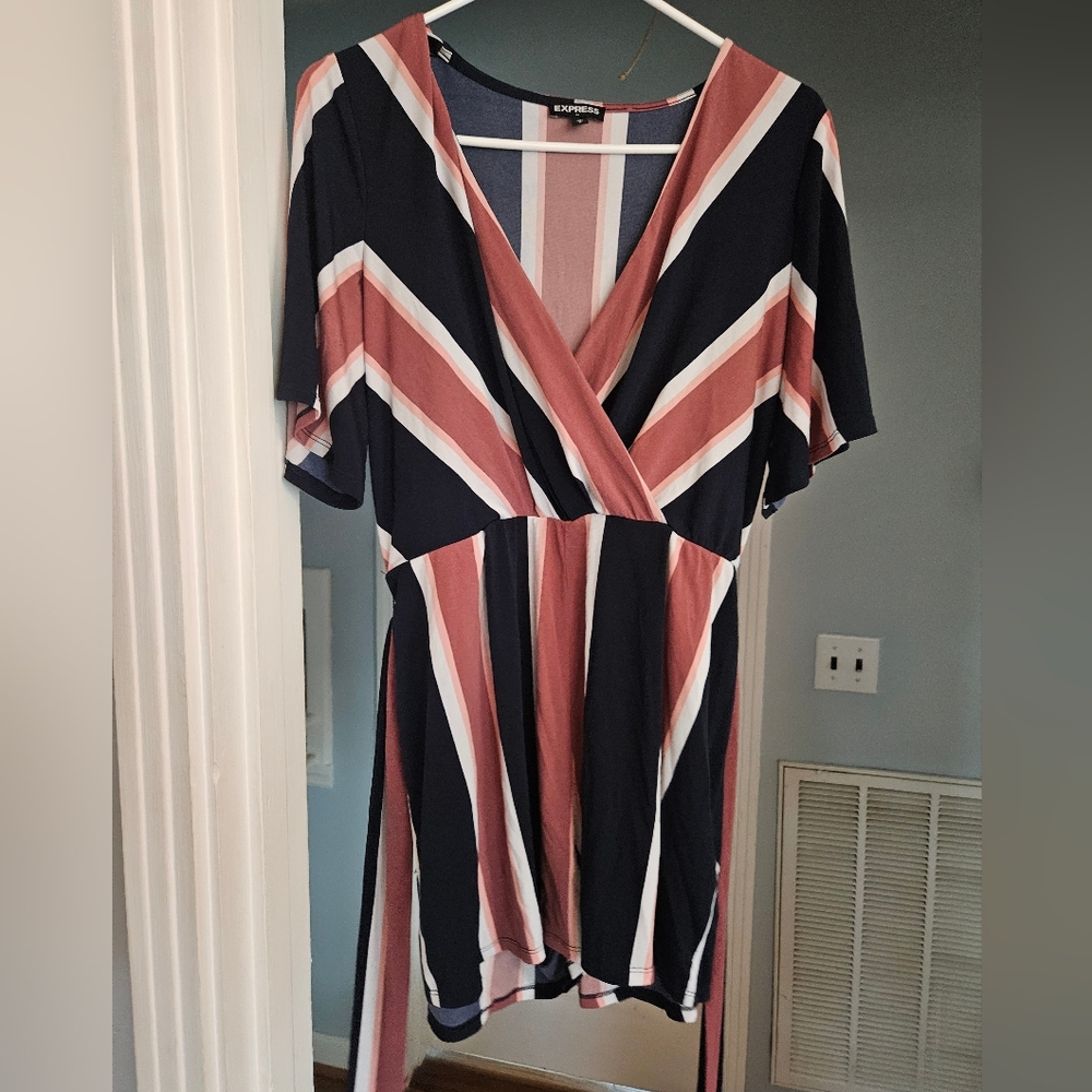 Express Pink/White/Blue Short Sleeve  Romper with Tie Waist